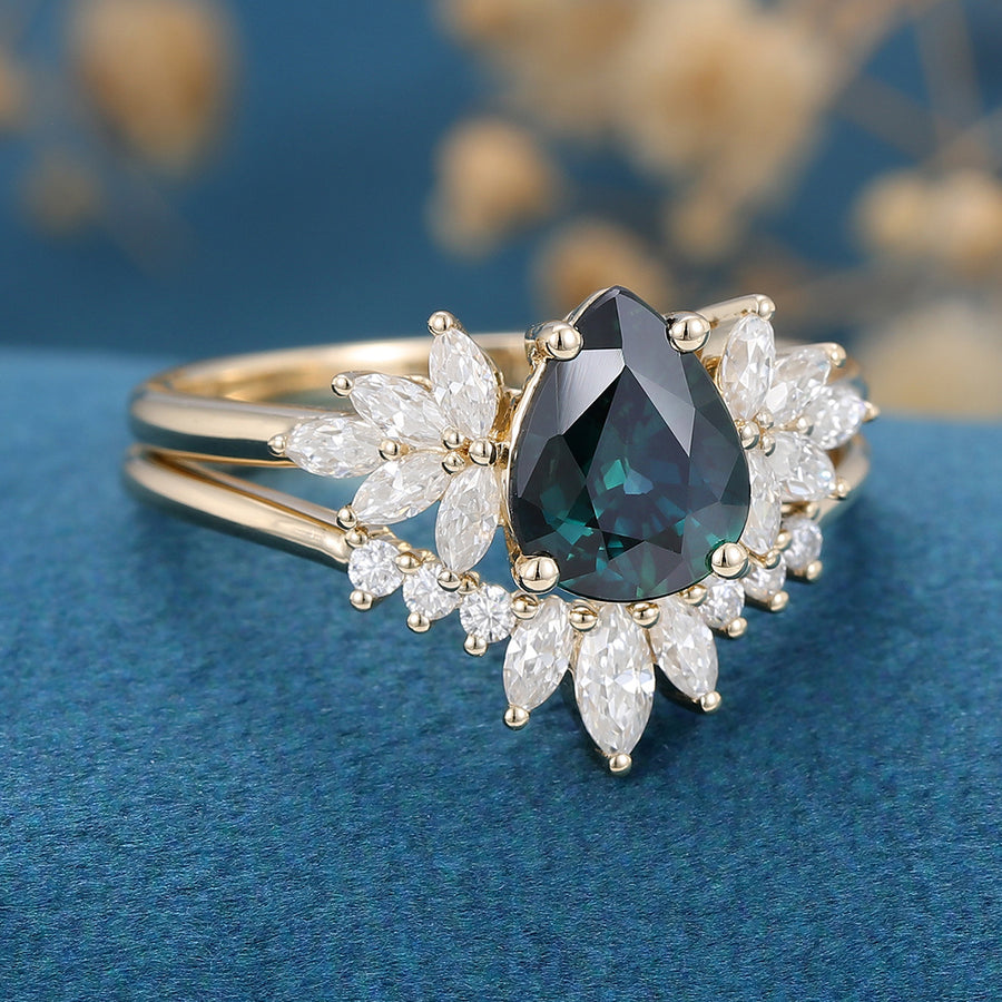 Pear cut Blue Green Sapphire Cluster Engagement Bridal Set 