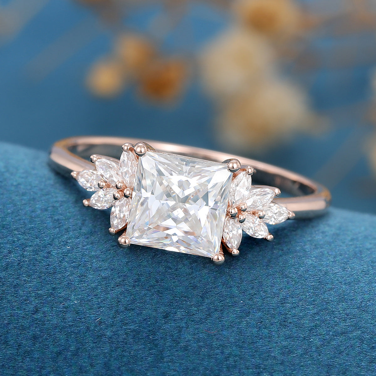 2 Carat Princess cut Moissanite cluster Engagement Ring 