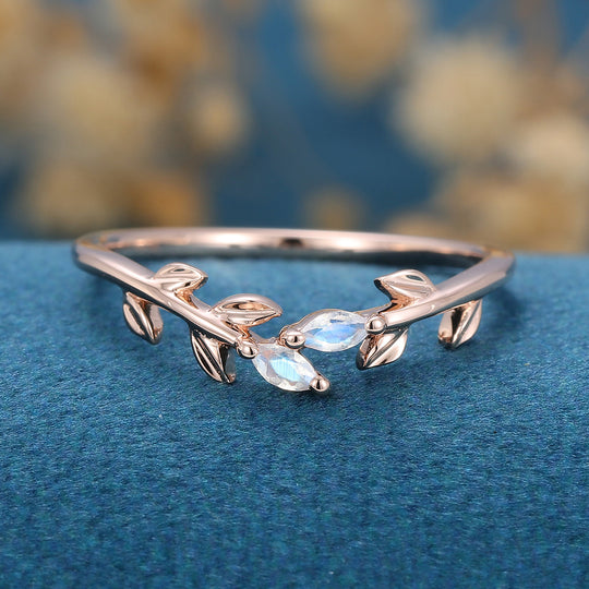 Marquise Moonstone leaf Curved Wedding Band Ring 