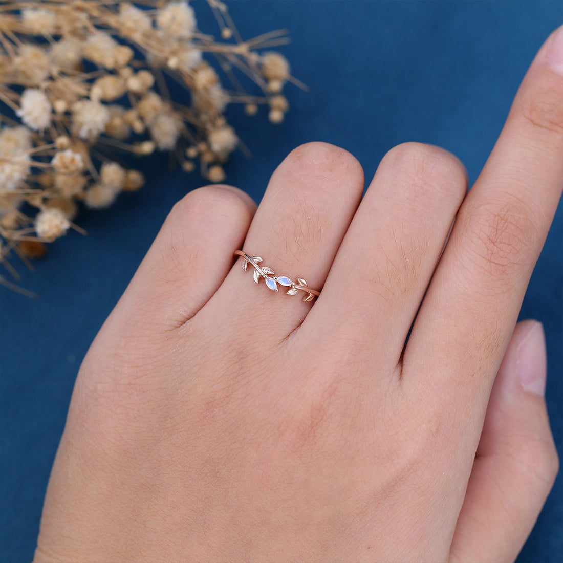 Marquise Moonstone leaf Curved Wedding Band Ring