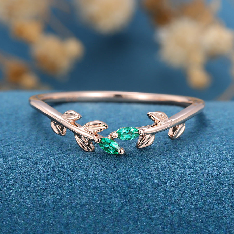 Marquise cut emerald leaf Curved Wedding Band Ring 