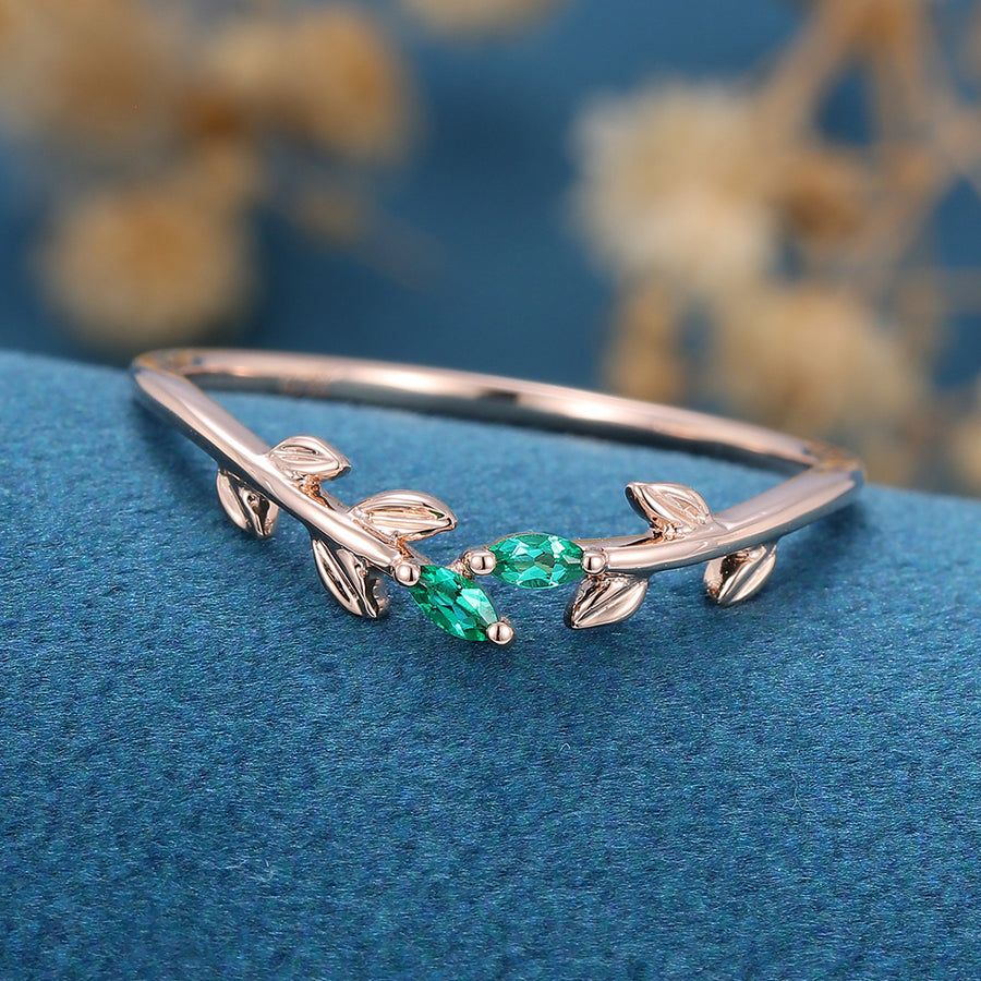 Marquise cut emerald leaf Curved Wedding Band Ring 