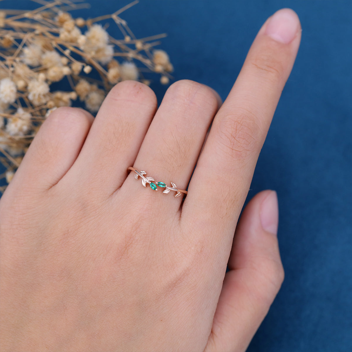 Marquise cut emerald leaf Curved Wedding Band Ring 