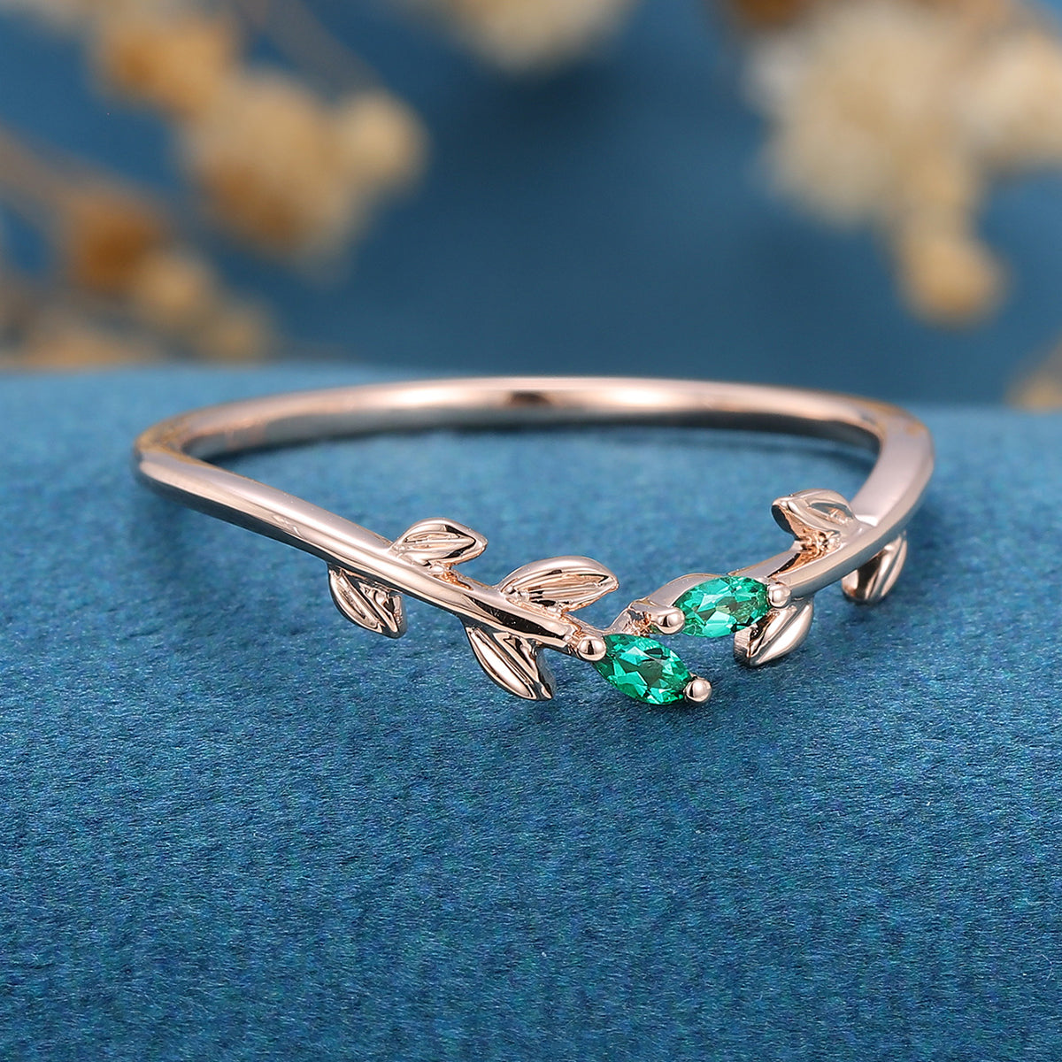 Marquise cut emerald leaf Curved Wedding Band Ring 