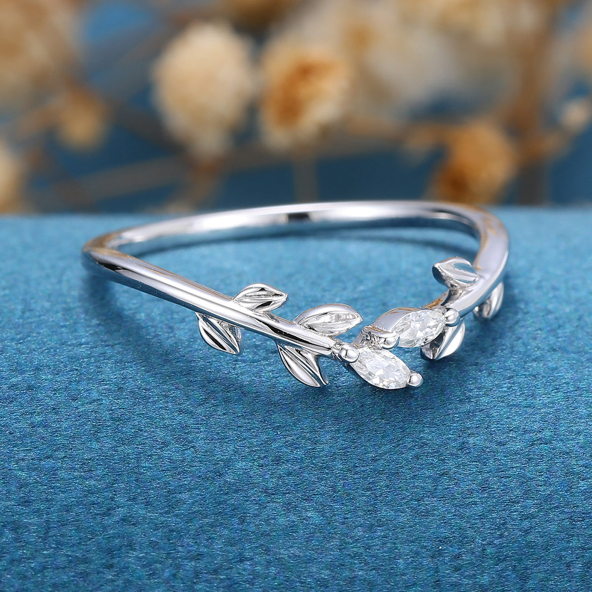 Marquise Cut Moissanite | diamond leaf Curved Wedding Band Ring 