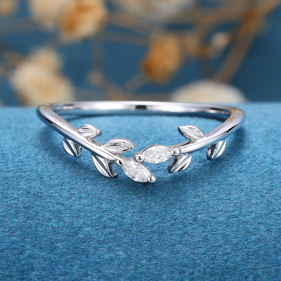 Marquise Cut Moissanite | diamond leaf Curved Wedding Band Ring 