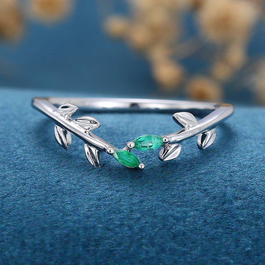 Marquise Natural Emerald leaf Curved Wedding Band Ring 