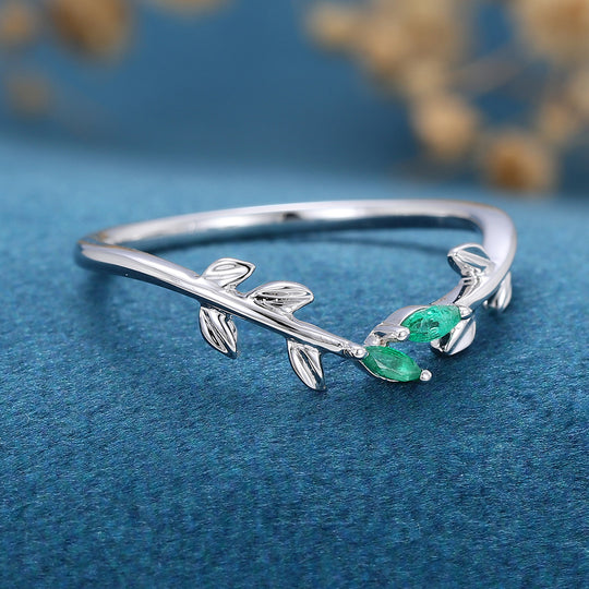 Marquise Natural Emerald leaf Curved Wedding Band Ring 