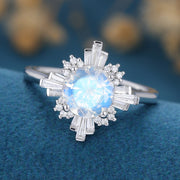 Round cut Moonstone  Halo Baguette Engagement Ring 