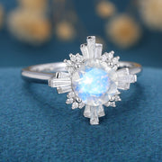 Round cut Moonstone  Halo Baguette Engagement Ring 