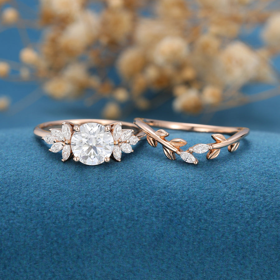2PCS Round Moissanite Cluster Engagement ring Bridal Set 