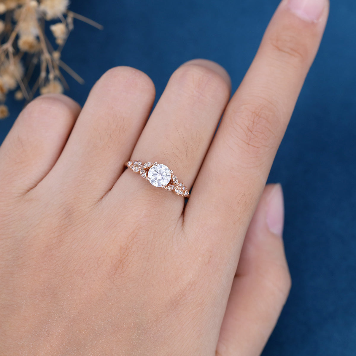 Round Moissanite  Art deco Engagement ring Bridal Set 