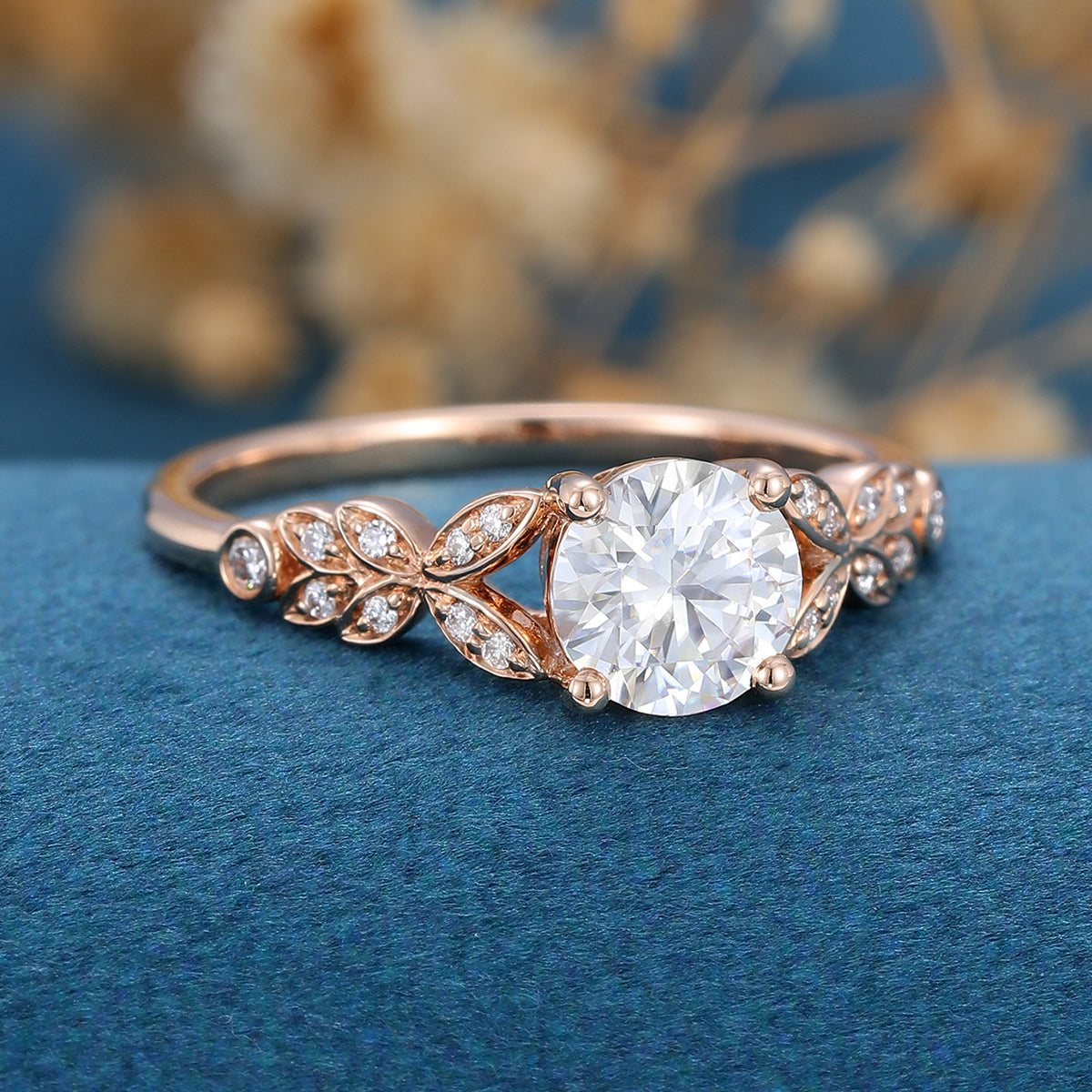 Round Moissanite  Art deco Engagement ring Bridal Set 