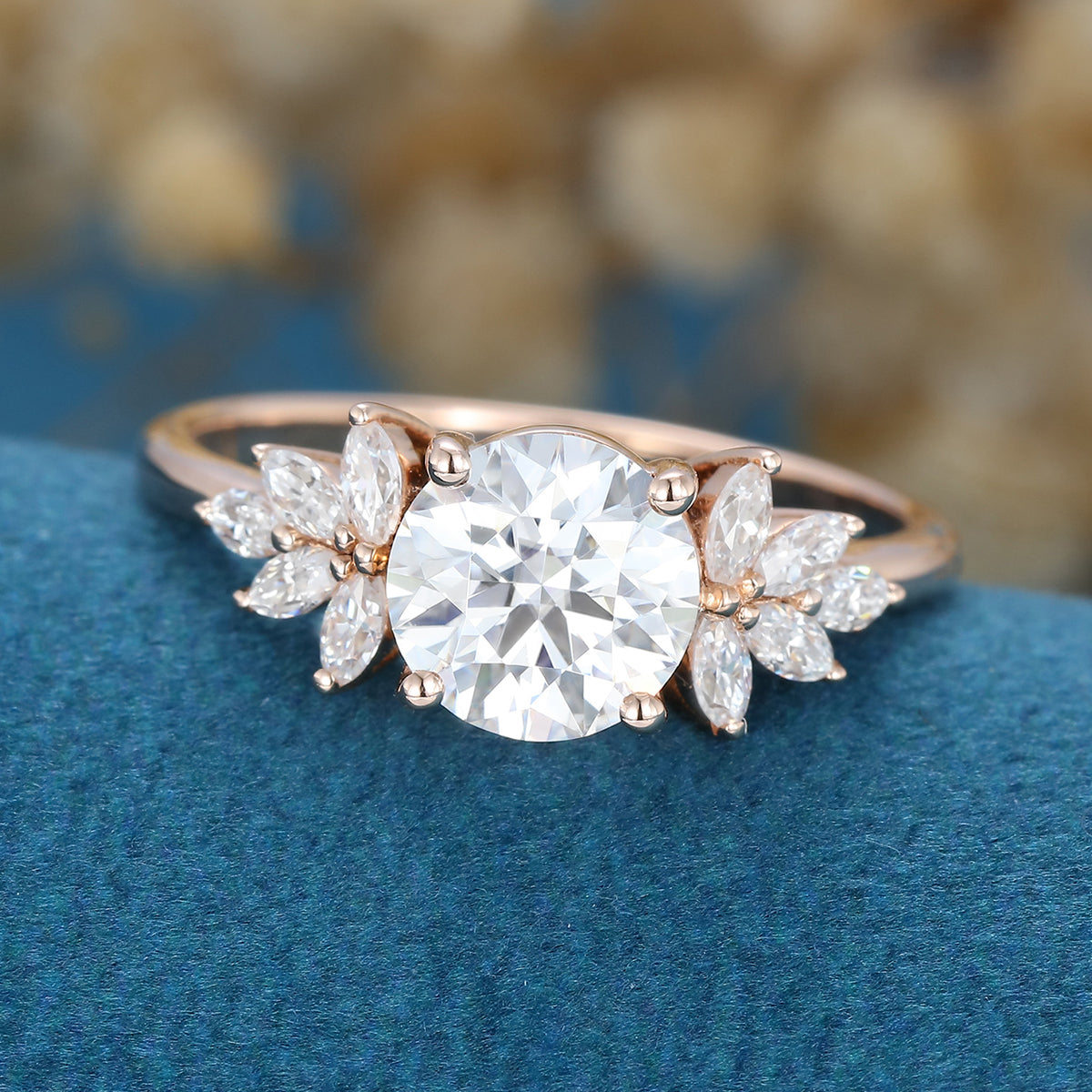 7mm Round Moissanite Cluster Engagement Ring 