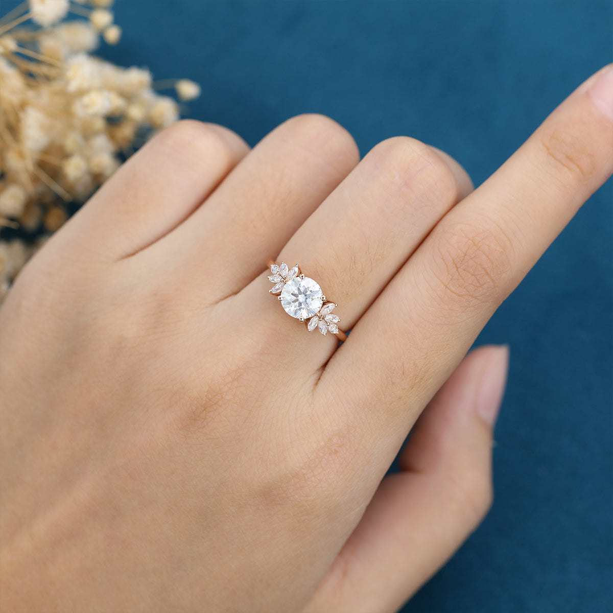 7mm Round Moissanite Cluster Engagement Ring 