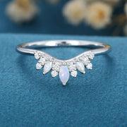 Marquise Opal/Diamond Curved Wedding Band Ring 