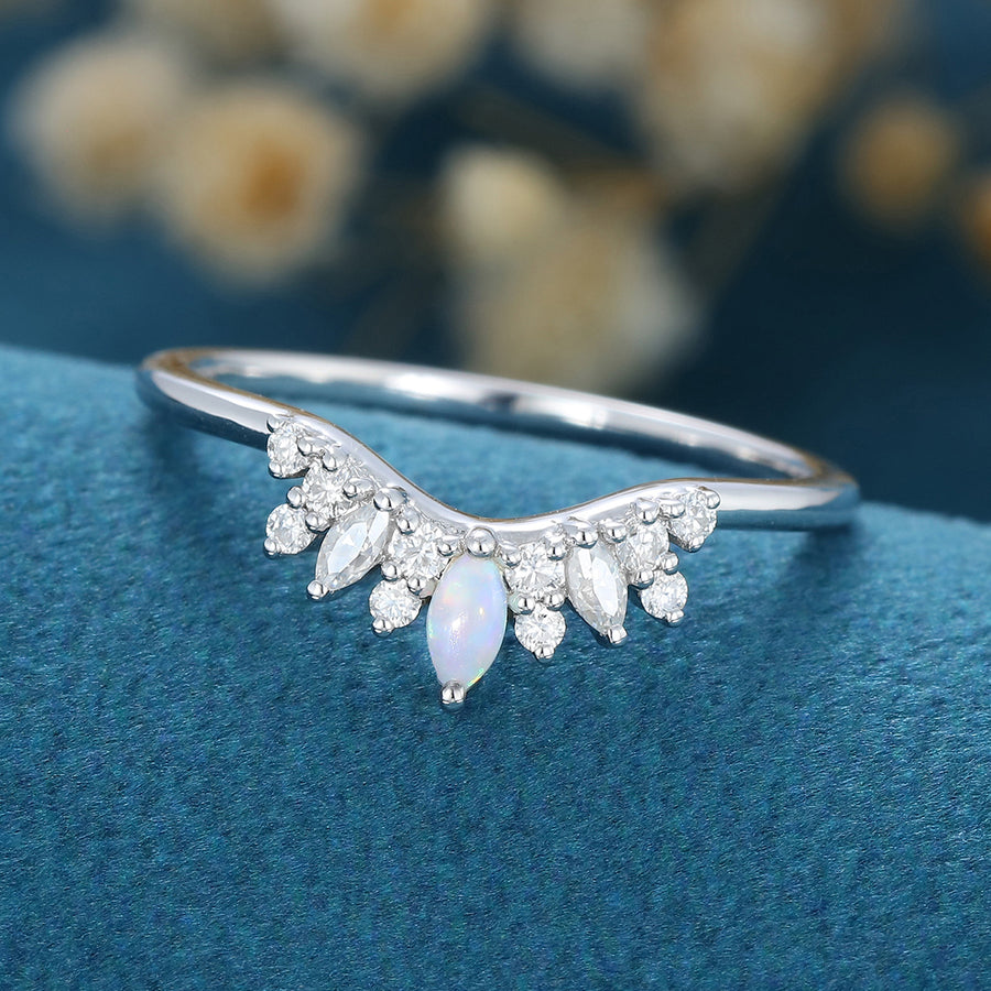 Marquise Opal/Diamond Curved Wedding Band Ring 