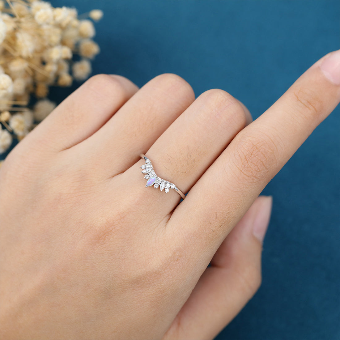 Marquise Opal/Diamond Curved Wedding Band Ring 