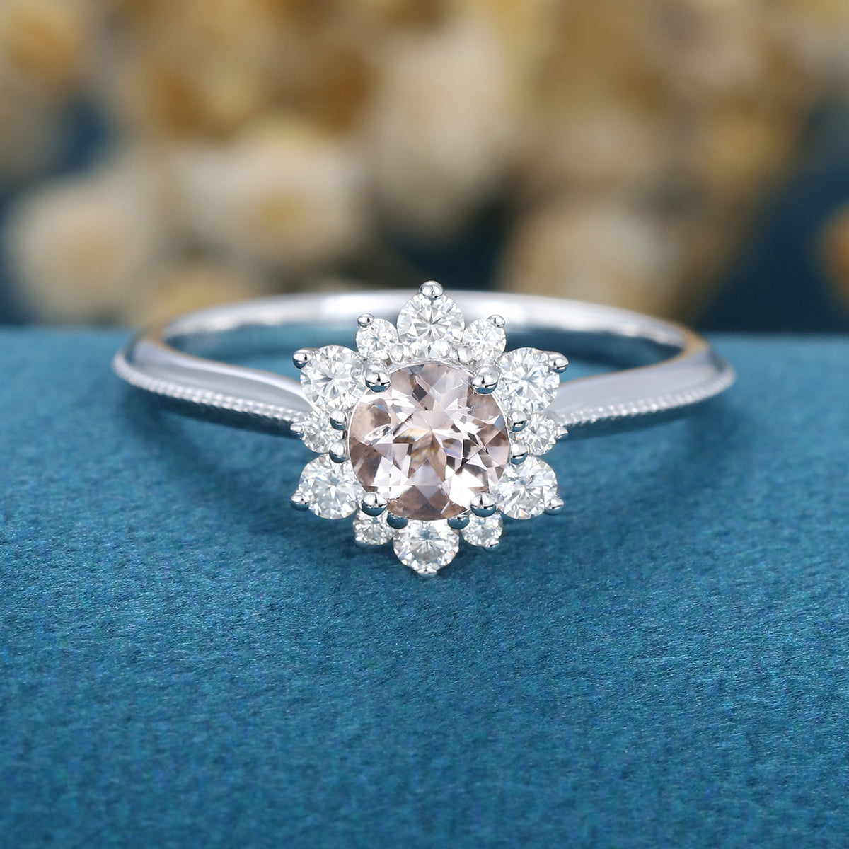 5mm Round cut Morganite Flower Halo Engagement ring 