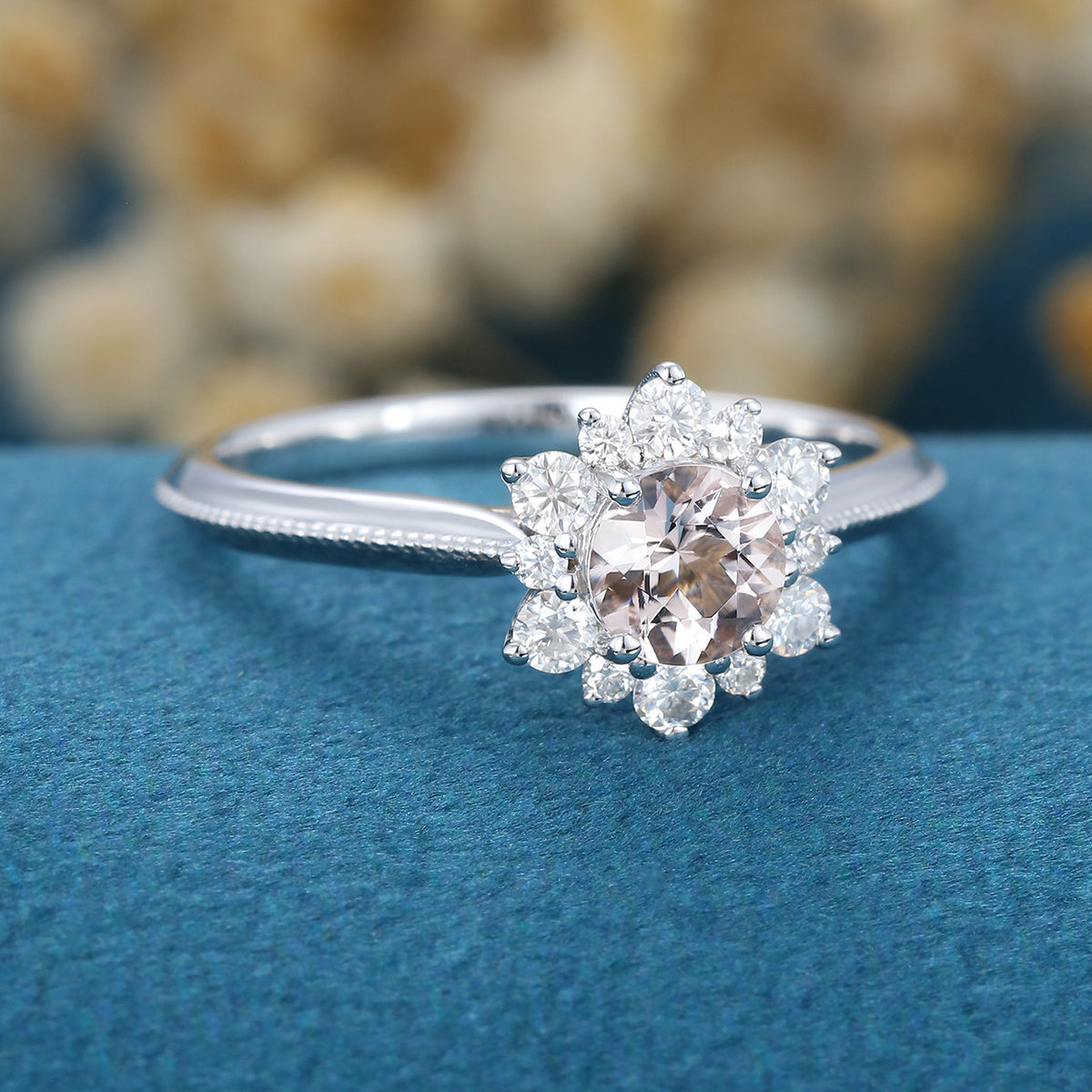 5mm Round cut Morganite Flower Halo Engagement ring 