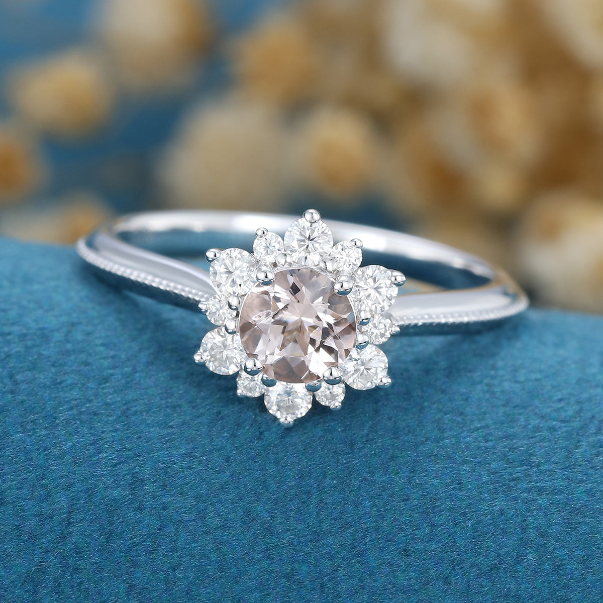 5mm Round cut Morganite Flower Halo Engagement ring 