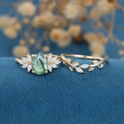 Moss Agate Natural Green Pear cut Engagement ring Bridal Sets 