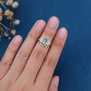 Moss Agate Natural Green Pear cut Engagement ring Bridal Sets 