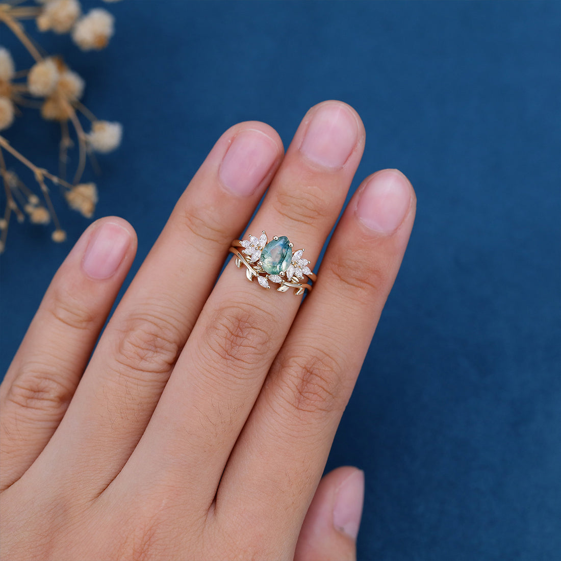 Moss Agate Natural Green Pear cut Engagement ring Bridal Sets
