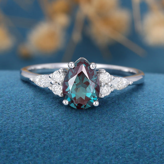 Pear shaped Alexandrite Cluster Engagement ring 