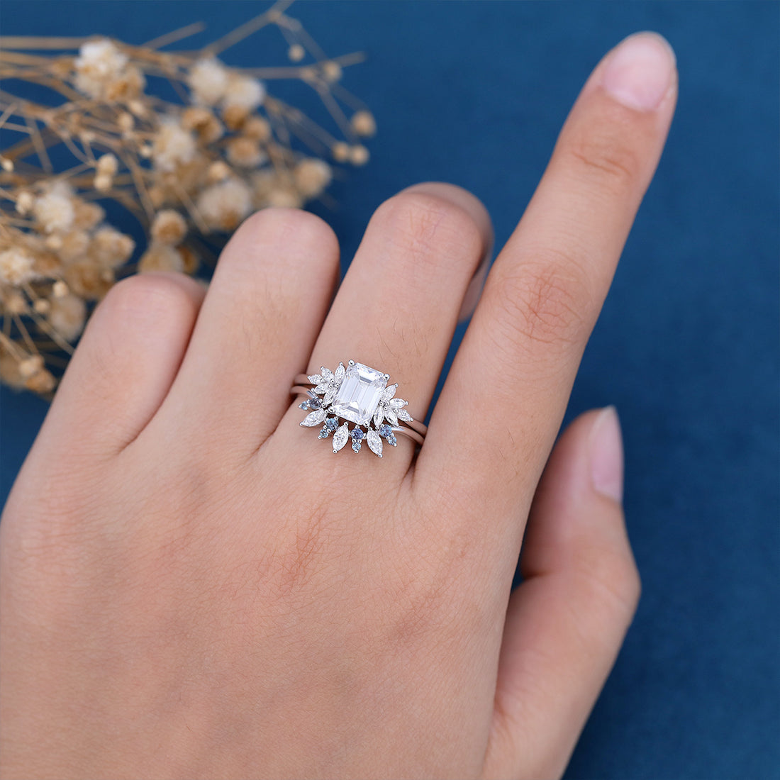 1.75 Carat Emerald cut Moissanite Engagement Ring Alexandrite Bridal Set