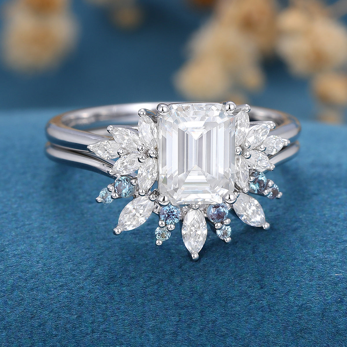 1.75 Carat Emerald cut Moissanite Engagement Ring Alexandrite Bridal Set 