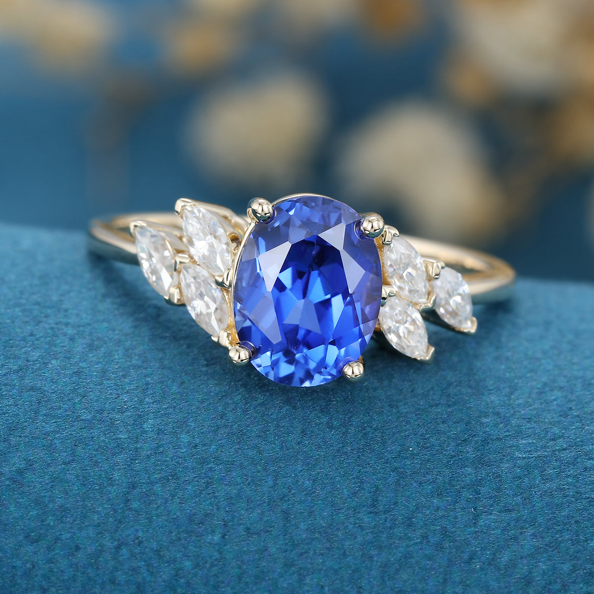Oval Lab Corn flower sapphire Engagement ring 