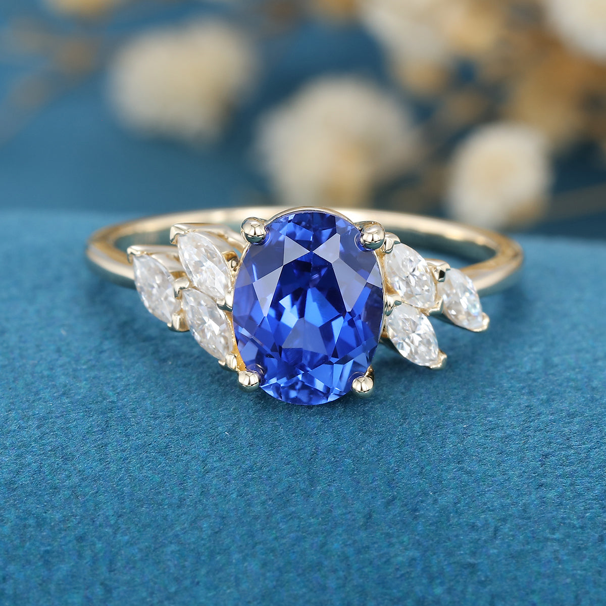 Oval Lab Corn flower sapphire Engagement ring 